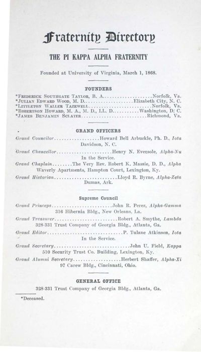 Pi Kappa Alpha Fraternity Directory, February 1919
